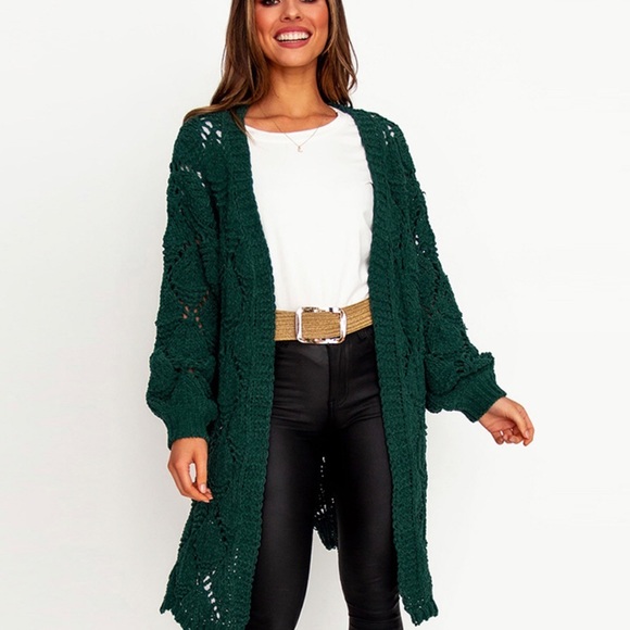 Sweaters - Green Long Sleeve Crochet Cardigan